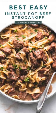 beef and pasta in a skillet with text overlay that reads best easy instant pot beef stroganone