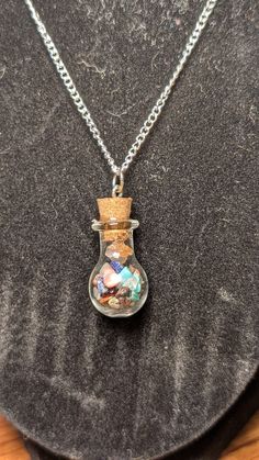 Glass potion bottle necklace with crystal chips inside Potion Necklace, Potion Bottle Necklace Diy, Potion Bottle Necklace, Glass Vial Necklace, Fairy Bottle Necklace, Vial Necklace, Rock Necklace, Bottle Necklace, Potion Bottle