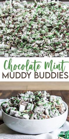 a white bowl filled with chocolate mint muddy buddies