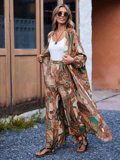 Women's Floral Print Kimono Cardigan And Wide Leg Pants Set With Lantern Sleeves For Vacation (Random Pattern) Dark Green Boho  Long Sleeve Fabric Paisley,Tribal,Plants,All Over Print  Non-Stretch  Women Clothing, size features are:Bust: ,Length: ,Sleeve Length: Dark Boho Outfits, Maximalist Clothes, Dark Green Boho, Gilet Kimono, Boho Style Inspiration, Outfits Primavera, Long Outerwear, Style Bleu, Floral Print Kimono