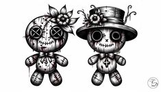 two cartoon skulls with hats and flowers on their heads are standing next to each other