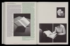 an open book with pictures of people working on paper and making origami shapes