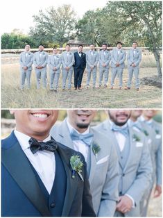 a group of men standing next to each other wearing suits and bow ties in front of trees