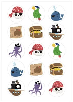 pirate cupcake toppers with various items on them