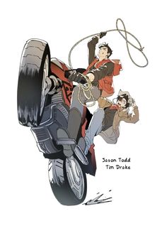 an image of a man riding on the back of a motorcycle with another man standing behind him