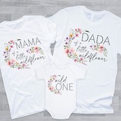 three shirts with the words mama and daughter printed on them, one is white and the other has pink flowers