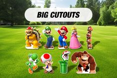 Mario, Luigi and friends (peach, toad, yoshi, bowser, donkey kong) Large decoration for party events water proof, all-weathering, durable material. Single Sided *If you selected PICK Option, Please name the characters you want in personalization box or checkout message box* Material Coroplast Sizing - PACK A - 24" Tall ( 9 Characters ) - PACK B - 30" Tall ( 9 Characters ) - PACK C - 36" Tall ( 9 Characters ) Optional Hardware - Indoor Easel back - Attached to the back of the characters to make t Mario Birthday Table Decor, Mario Toad Decorations, Mario Birthday Party Centerpieces, Super Mario Party Entrance, Mario Birthday Party Cricut, Super Mario Round Backdrop, Peach Mario, Mario Bros Party, Yard Cards