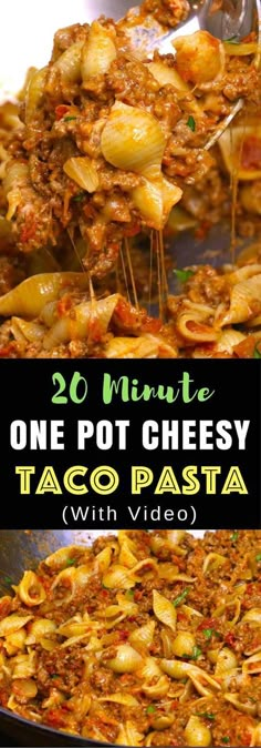 one pot cheesy taco pasta is shown with the title text overlay