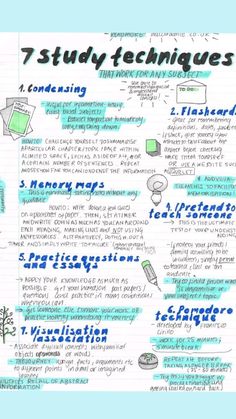 a whiteboard with blue writing on it that says 7 study techniques for elementary students