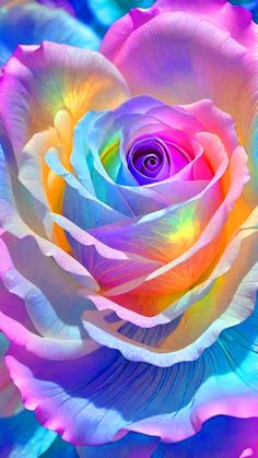 a pink rose with blue and yellow petals