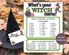 a witch's hat is sitting on the ground next to a sign that says, what's your witch name?