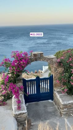 a blue gate with pink flowers on it and the ocean in the background