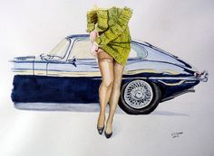 a drawing of a woman leaning on a car