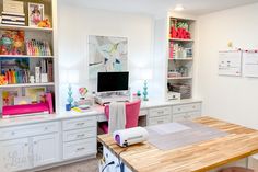 a desk with a computer on top of it next to some white cabinets and drawers