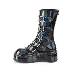 2" Platform Calf High w/ 5 Buckle Straps, Back Metal Zip - Fit Guide: True To Size - Heel Specifications: 2" Platform - Country of Origin: Imported - Brand: Demonia Metal Boots, 1920s Shoes, Black Monster, Alternative Shoes, Single Sole Heels, Demonia Shoes, Festival Shoes, Gogo Boots, Metal Plates