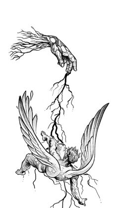 a black and white drawing of a bird with lightning coming out of it's wings