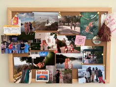 a collage of photos hanging on a bulletin board with magnets attached to it