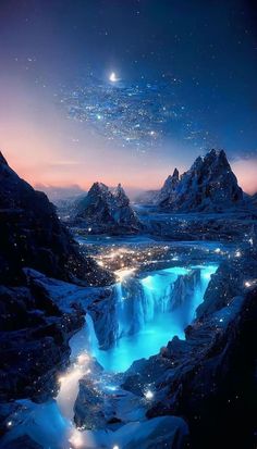 the night sky is lit up with stars and lights above a mountain stream that runs through a valley surrounded by snow covered mountains