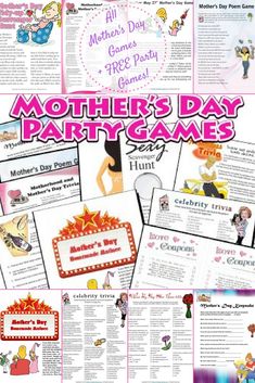 mother's day party games with pictures and text on the front, including an image of