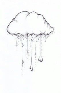 a drawing of a cloud with drops of water hanging from it's side, on a white background