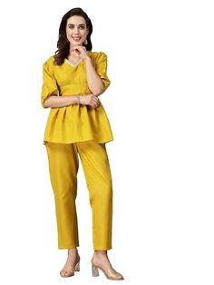 Buy Stylum Women's Embroidered Cotton Blend Co-Ord set (CSMANGO38_Mustard, M) at Amazon.in Mustard, Cotton Blend, Women Accessories, Outfit Accessories, How To Wear