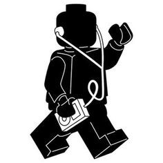 a black and white image of a lego man with a microphone in his hand, walking