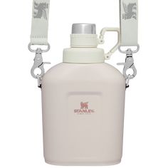 a white flask bottle with strap attached to it