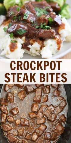 the crockpot steak bites are served on top of mashed potatoes and broccoli