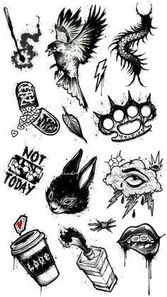 an ink drawing of various tattoos on a white background