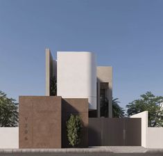 an architectural rendering of a modern house on the corner of a street with trees and bushes