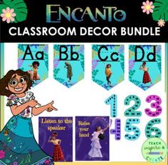 the encanto classroom decor bundle includes letters, numbers and pictures for each student