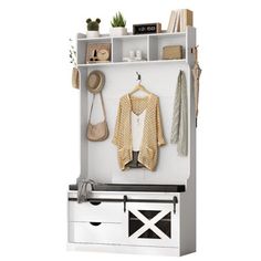 an open storage unit with clothes and hats on it's shelves, including a coat rack