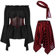 a women's corset and skirt are shown in red and black stripes