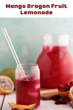 a pitcher of mango dragon fruit lemonade