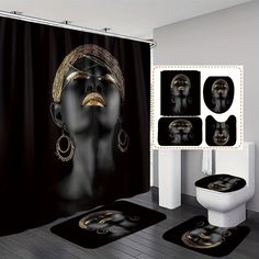 a bathroom with black and gold decor on the shower curtain, toilet and rugs