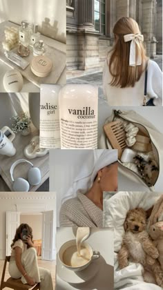 a collage of photos with various items in them including a teddy bear, coffee cup and bottle