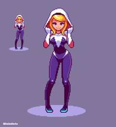 an old school pixel art style image of a woman in black and white outfit with her hands on her hips