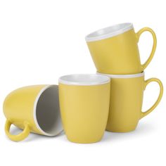 three yellow coffee mugs sitting next to each other