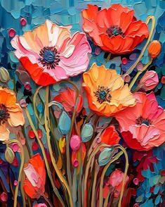 an oil painting of red, orange and yellow flowers on a blue background with bubbles