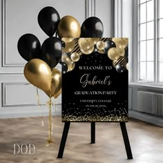 This Graduation Party Welcome Sign is the perfect way to greet your guests with style and sophistication. Instantly download and edit this stunning black and gold balloons-themed sign to add a touch of elegance to your grad party entryway. This isn't just a decoration; it's a celebration of achievement, a warm welcome, and a memorable keepsake rolled into one! WHAT'S INCLUDED ---------------------------------- * PDF with link for edit in Canva and Instruction guide * The design is created for pr Black And Gold Graduation Table Decor, Black And Gold Graduation Party Decorations, Black Gold Graduation Party Ideas, Modern Graduation Party Decorations, Black And Gold Party Decorations Classy, 50th Decoration Ideas, Black And Gold Birthday Party Ideas, Black And Gold Graduation Party Ideas, Elegant Graduation Party Decorations