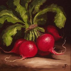 a painting of radishes with green leaves on a brown surface, in front of a dark background