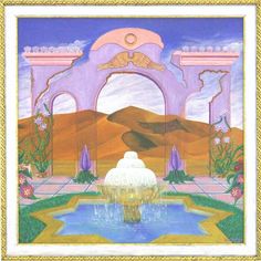 a painting of a fountain in the middle of a desert