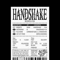 a ticket for handshake books and fun with the barcode code on it