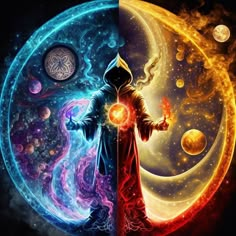 a person standing in front of a moon with two different colors and shapes on it