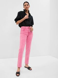 High Rise Cheeky Straight Jeans with Washwell | Gap Pink Denim Jeans, Ankle Jeans Outfit, Pink Jeans Outfit, Hot Pink Jeans, Colored Jeans Outfits, Wash Jeans Outfit, Jeans Look, Color Season, Ankle Length Jeans