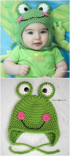 a baby wearing a green frog hat and smiling at the camera with text overlay that says, ` ` i love to smile '