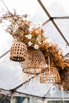 flowers hanging from the ceiling in a greenhouse