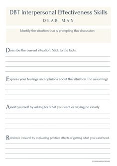 Dbt Dear Man Worksheet, Interpersonal Skills Worksheet, Therapy Worksheet Dbt, Dear Man Dbt Worksheet, Dear Man Dbt, Motivational Interviewing Techniques