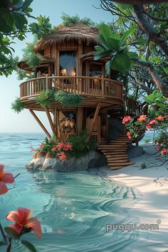 a tree house in the middle of water with flowers around it and stairs leading up to it