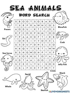 the sea animals word search is shown in black and white